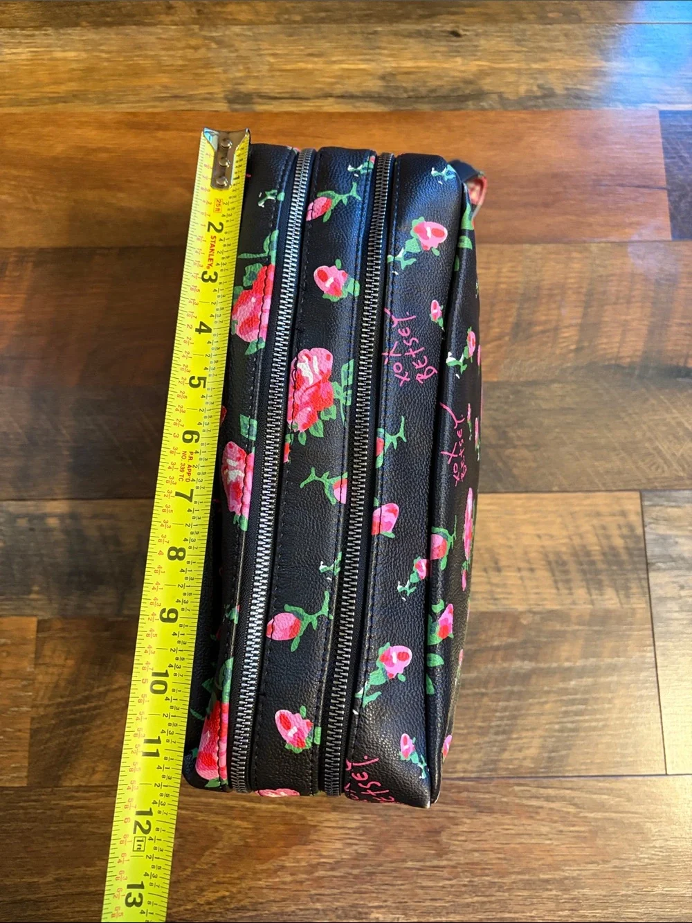 Betsey Johnson Black Cosmetic Pouch with Pink Floral Print